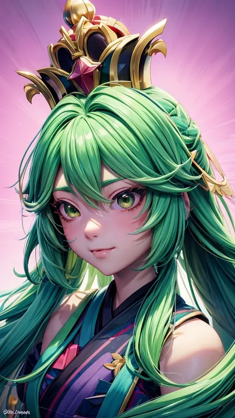 Anime girl with green hair and a crown on her head., Moe anime art style, cara de Ahegao, Ahegao, Kawaii realistic portrait, ig studios anime style, anime style portrait, anime waifu, discord profile picture, stylized anime, Retrato onmyoji, cute anime fac...