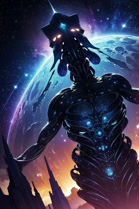 "cosmic entity": um ser com quatro olhos brilhantes, multiple arms, A breathtaking view from space reveals a twisted galaxy filled with strange life forms and entities that humans understand. Planet with night sky, fenda, leviathan, 8k, lindo, dramatic sce...