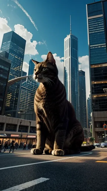 Hyper-realistic digital painting of a giant cat lounging in the middle of a bustling cityscape. The cats massive size dwarfs the skyscrapers and buildings around it. Pedestrians and vehicles navigate around its paws as it playfully bats at the tops of buil...