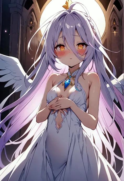 NSFW,masterpiece,Highest quality,High resolution,Very detailed,white(no game No life),Small breasts,Angel,Angelの羽,High-quality dress,Halter neck,gem,expectant face,blush,A moonlit church