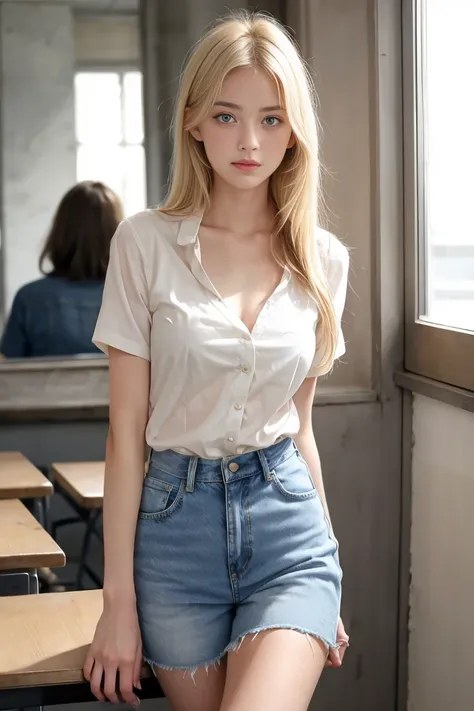 une femmes blonde de 18 ans sexy et mince , short sleeve veste en jean, salle de classe, se touche,position sey,sensuel