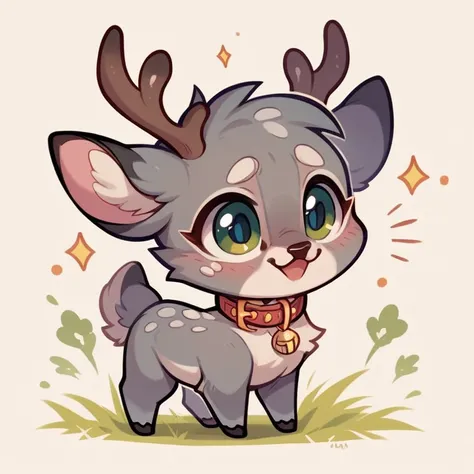 cute，furry，Collar，Tail, cat,  deer antlers, small deer tail, chibi, , cute, fawn spots, begging, grey fur, magical creature, solo,