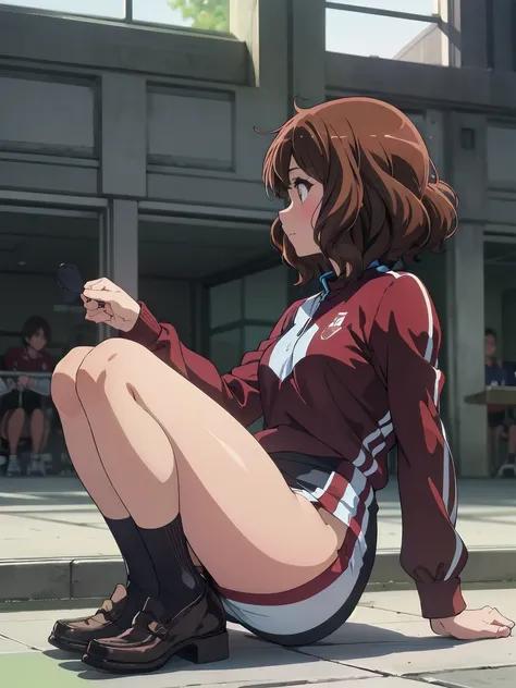 (Realistic, photo Realistic:1.2), ((Highest quality)), Shift the center of gravity backwards, Quite embarrassing, You_Kumiko_Sound Euphonium, brown_hair, short_hair, brown_eye, blush, Seraphim, 前hair, Bloomers, Gym suit, sports boots, (Sit on the ground:1....