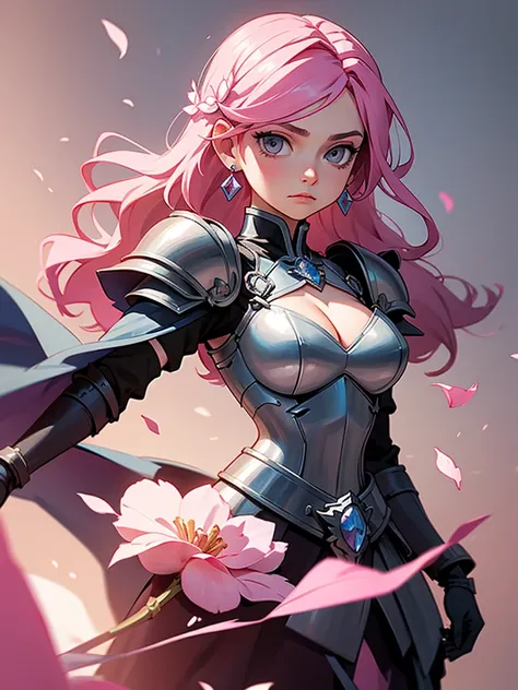 1girl, pink hair, solo, breasts, jewelry, earrings, cleavage, armor, shoulder armor, long hair, cleavage cutout, petals, grey eyes, medium breasts, gloves, clothing cutout, hair ornament, pauldrons, gem, closed mouth, dress, upper body