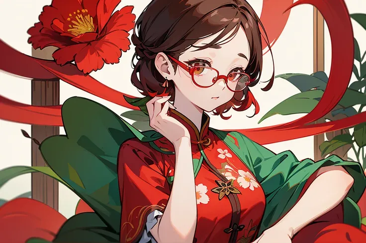 Illustration of a woman with a floral shirt and red glasses posing for a picture, 🌺 cgsociety, by Russell Dongjun Lu, by Ina Wong, by Juliette Leong, by Silvia Pelissero, innocent look. rich vivid colors, red and green tones, by Tan Ting-pho, lulu chen, mo...