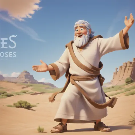 Moses, full body character, open arms, Disney Pixar style