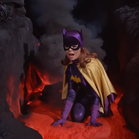 yvonne craig woman, sinking in a lava pit. she screams with her eyes wide open, she looks for help, extent her arm trying to gra...