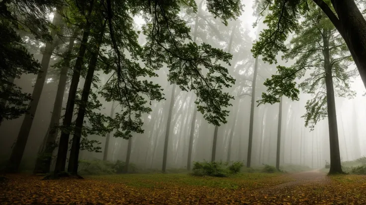 create a close-up image of a forest during a storm, with strong winds blowing many leaves and branches through the air. the ligh...