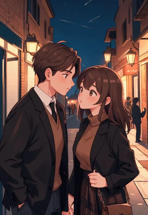 a couple kissing , male and female, brown hair, night time, black jacket