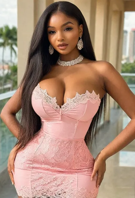 (best high quality:1.5), work of art, (8k), extremely detailed, (High details:1.4), Solo, ((HotLexi)), Angolan girl with 24 years old, (tight short sexy lace pink dress strapless), (pretty perfect model square defined face:1.4), ((body of a perfect hourgla...