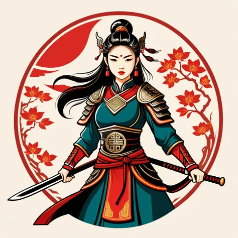 female warrior  in chinese folk outfit, vector graphics, strong contours, logo design
