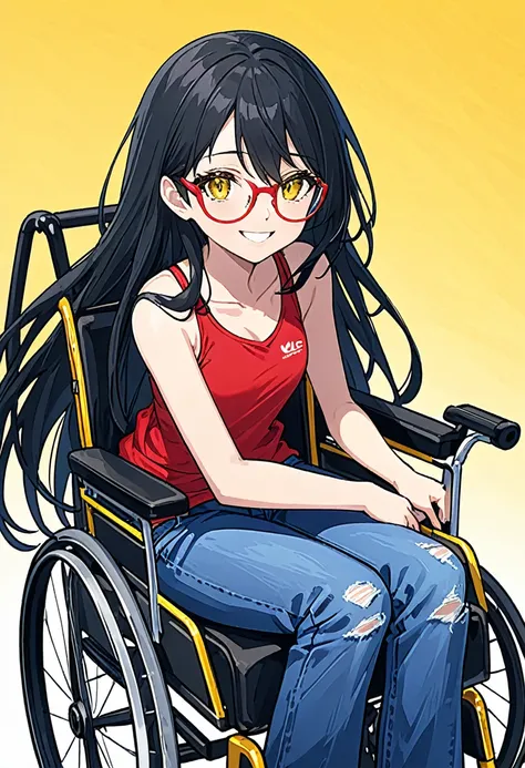 1girl, black long dirty hair, Yellow eyes, flat chest, blue jeans, red glasses, smiling, sports wheelchair