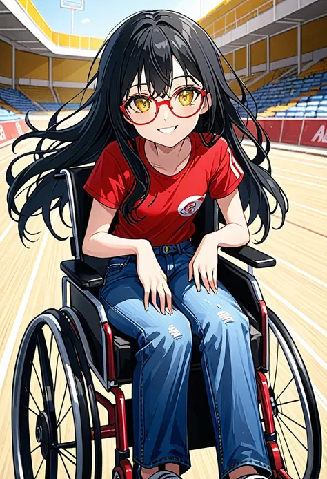 1girl, black long dirty hair, Yellow eyes, flat chest, blue jeans, red glasses, smiling, sports wheelchair