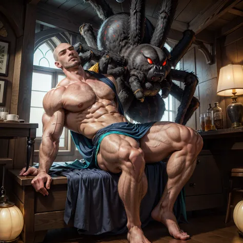 In the background above near the ceiling is a giant spider resting on its web watching the man, one person, 1 male, photorealistic character portrait including full body image, huge and muscular physique, handsome, very tall, bald, shaves head, American, p...