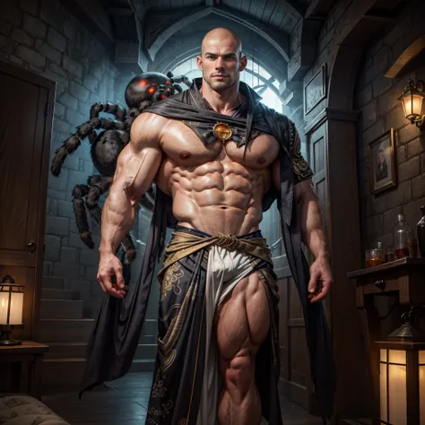 In the background above near the ceiling is a giant spider resting on its web watching the man, one person, 1 male, photorealistic character portrait including full body image, huge and muscular physique, handsome, very tall, bald, shaves head, American, p...