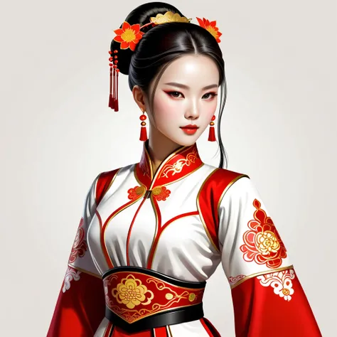 female android in chinese folk outfit, vector graphics, strong contours, logo design
