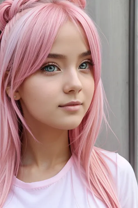 cute girl in pink, pink hair and completely white eyes