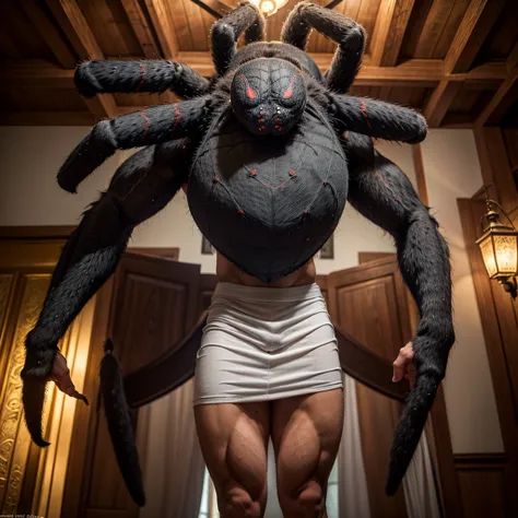 In the background above near the ceiling is a giant spider resting on its web watching the man, one person, 1 male, photorealistic character portrait including full body image, huge and muscular physique, handsome, very tall, bald, shaves head, American, p...