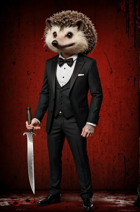 Anthropomorphic emo hedgehog with bloody knife, mysterious. And has a suit 