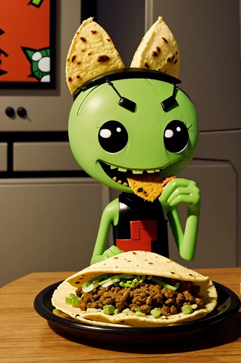 Gir from Invader  Zim  eating a taco happily 