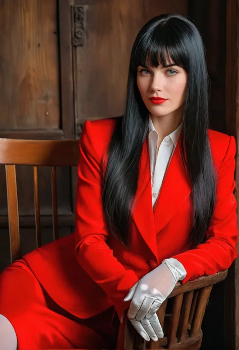 High-quality realistic acrylic art, vivid colors, lateral point of view, a beautiful vintage european woman with long black straight hair, bangs, looking at the viewer with suspicious face and a shy smile, red lips, she wear silk suit, soft gloves, sitting...