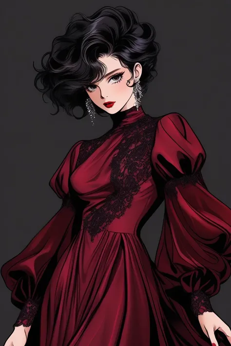 (Best quality, sketch:1.2),realistic,illustrator,anime,1 girl, detailed lips,custom, bad women, details, black and ruby gradient background,neon hair,Textured trim, masterpiece, retro classic style, [female mannequin close up, Sexy dress, silk dress, mercu...