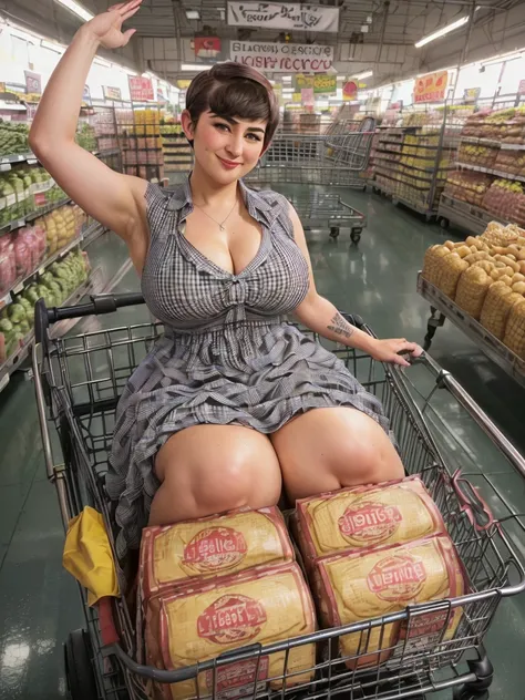 (background is an oversized grocery store aisle:1.3), 1girl, most beautiful woman ever, (doll-sized:1.4) (thicc:1.4) (blushing:1.3) (21 year old mayim bialik :1.2) wearing a (black 1950s gingham dress:1.5) and (sitting in oversized shopping cart with giant...