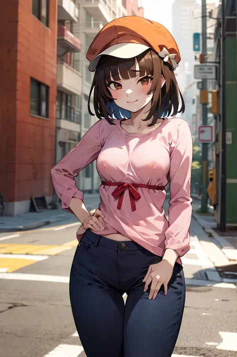 masterpiece, best quality, highres, aanadeko, short hair, brown hair, cabbie hat, orange headwear, blunt bangs, brown eyes, pink shirt, ribbon, blue pants, hand on hip, street, standing, cowboy shot,medium breasts,nsfw