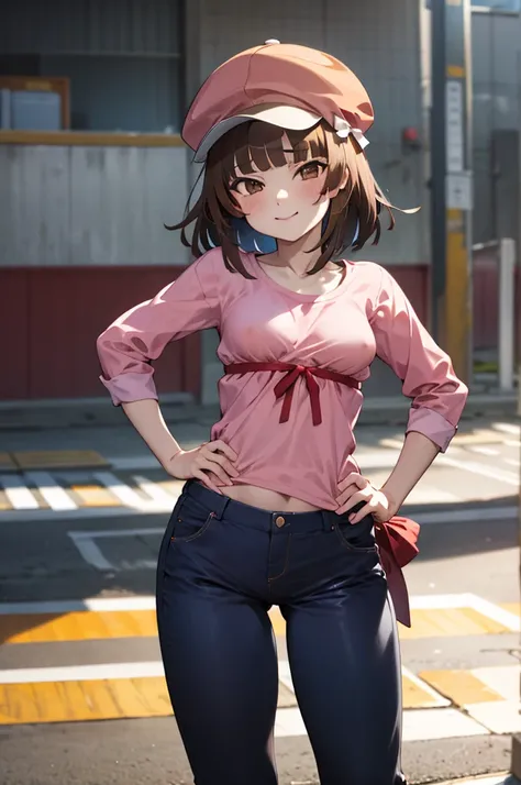 masterpiece, best quality, highres, aanadeko, short hair, brown hair, cabbie hat, orange headwear, blunt bangs, brown eyes, pink shirt, ribbon, blue pants, hand on hip, street, standing, cowboy shot,medium breasts,nsfw