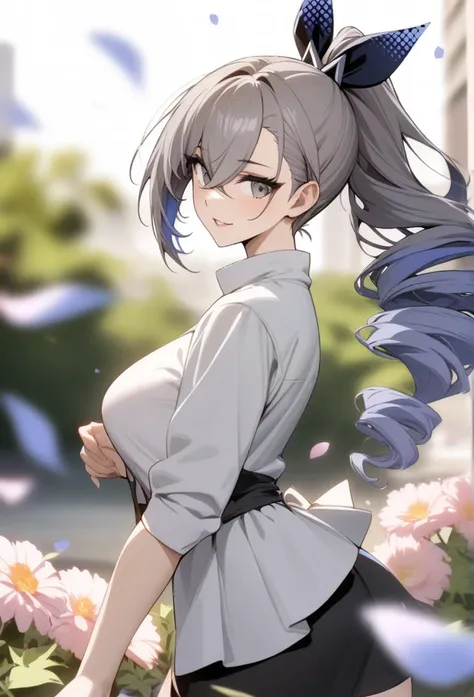 masterpiece, best quality, very aesthetic, absurdres, 1girl, mature_lady,  ,silver_wolf, gray eyes, high ponytail,,surrounding by flowers,falling_petals, outdoors, petals,,,blur background,background defocus,floating hair,