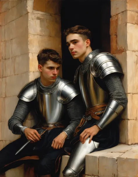 (((Masterpiece, best quality, oil painting))), ((by John William Waterhouse, by J. C. Leyendecker)), ((((half body portrait of 2 young men, bored and frustrated knights, blushing, they are leaning lustfully against a wall, spying on someone from a distance...