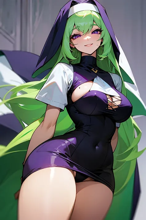 very light green hair,long hair,2mole under the eye,purple eyes,big breast,voluptuous,smiling,nun,