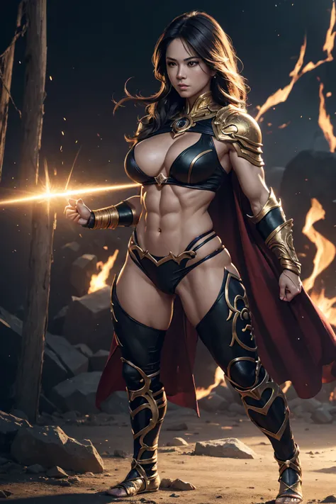 (((full body photo))),  8K,Muscular々Goddess of Destruction,Super Beauty(Like the real thing),bulging muscles,Golden Eyes,Golden shorthair,Gorgeous goddess outfit,Gorgeous Goddess Shorts,Stern expression,Outside the Celestial Palace,Perfect Anatomy,charm,Vo...