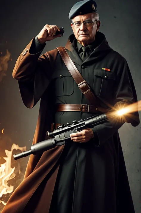 A veteran soldier with glasses, and a gun, he also has a cloak 