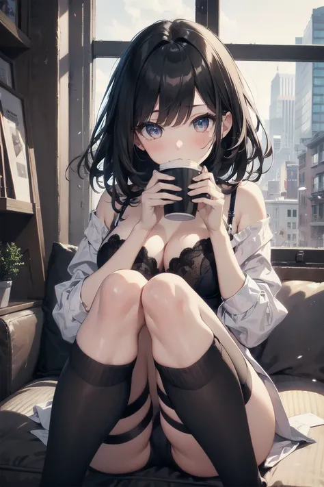 High quality, highest quality, full limbs, ultra high definition, bright eyes, drooping eyes, full hands and fingers, slender beauty, rounded medium breasts, princess cut, black hair, sexy lingerie, white skin, knee-high socks, having coffee in the city