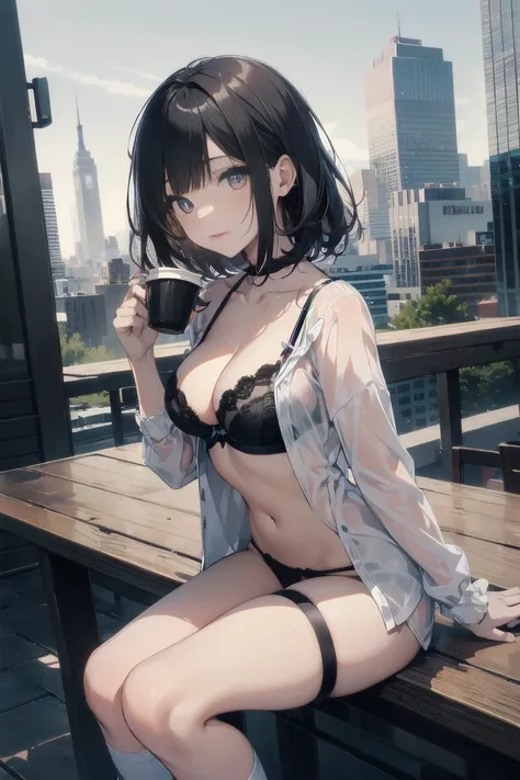 High quality, highest quality, full limbs, ultra high definition, bright eyes, drooping eyes, full hands and fingers, slender beauty, rounded medium breasts, princess cut, black hair, sexy lingerie, white skin, knee-high socks, having coffee in the city