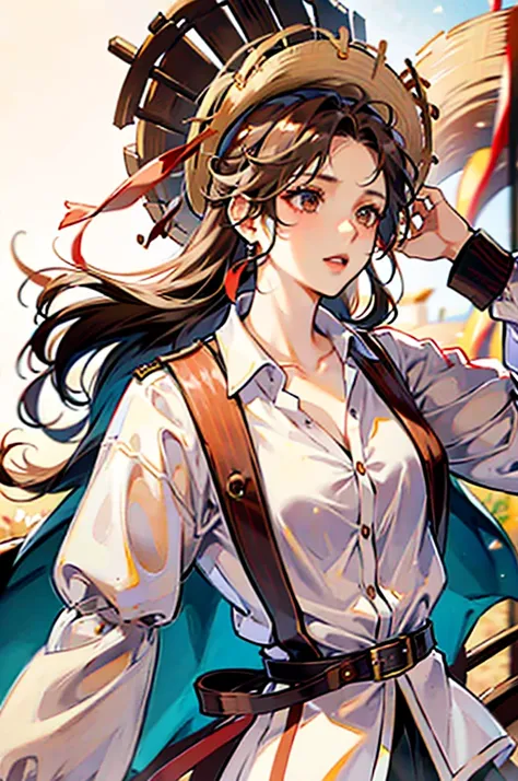 1 female, medium length brown hair, hazel eyes, wearing pirate outfit, at the helm of a pirate ship, wearing straw hat with red band, wearing straw hat