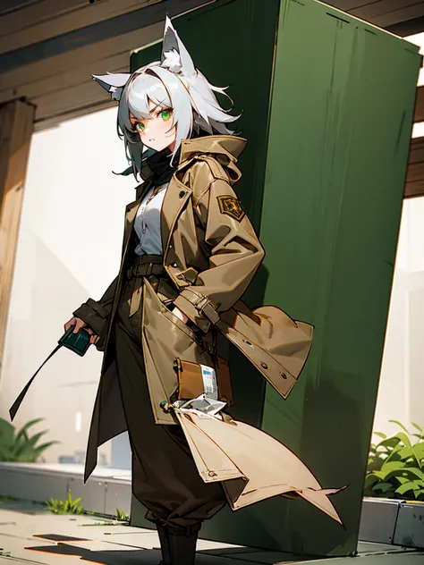 1female, wolf ears, grey hair, green eyes, wolf tail, brown trenchcoat, brown baggy pants, serious