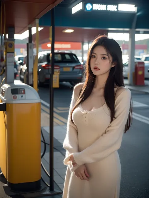 full body shot, Best quality, 20y, (chubby:1.2), 1girl, kazakh, wearing bohemian woolen dress, big breast, (sexy:1.2) (redhead:1.2), hair blowing in the wind, moody, dep shadow, posing in gas station, detailed face and eyes, (perfect object:1.2), kodacrhom...