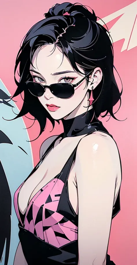 ((Lisa Black Pink)) in a dress standing in front of simple background, up close, ((Art style by Patrick Nagel)), ((8k, wallpaper, detailed)), dark sunglasses, korean pop-star, black hair, pretty hands, fringe, simple red background, palm trees, (graffiti w...