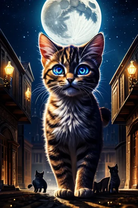 (Highest quality、masterpiece、8k))、Anatomically correct、Very detailed、High resolution、Realistic、((Beautiful, sparkling, detailed eyes))、Intricate details、Cinematic lighting、((Dynamic composition))、Giant kitten、A giant kitten like a monster、Kitten bigger tha...