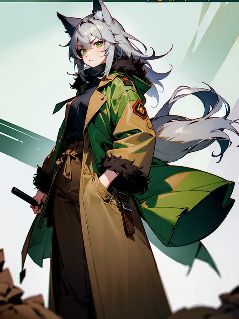 1female, wolf ears, grey hair, green eyes, wolf tail, brown fur trenchcoat, brown baggy pants, serious