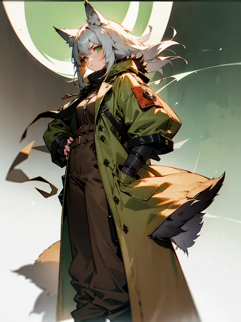 1female, wolf ears, grey hair, green eyes, wolf tail, brown fur trenchcoat, brown baggy pants, serious