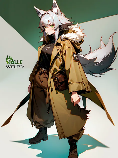 1female, wolf ears, grey hair, green eyes, wolf tail, brown fur trenchcoat, brown baggy pants, serious