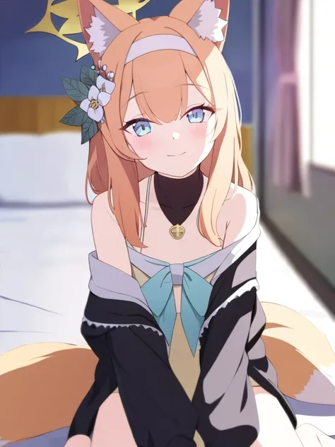 1girl
mari (blue archive)
bare legs, blue eyes, blush, fox ears, fox girl, from above, hair between eyes, halo, hand between legs, heart print, indoors, long hair, looking at viewer, looking up, necklace, off shoulder, on bed
newest, pillow, bare shoulders...