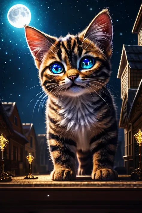 (Highest quality、masterpiece、8k))、Anatomically correct、Very detailed、High resolution、Realistic、((Beautiful, sparkling, detailed eyes))、Intricate details、Cinematic lighting、((Dynamic composition))、Giant kitten、A giant kitten like a monster、Kitten bigger tha...