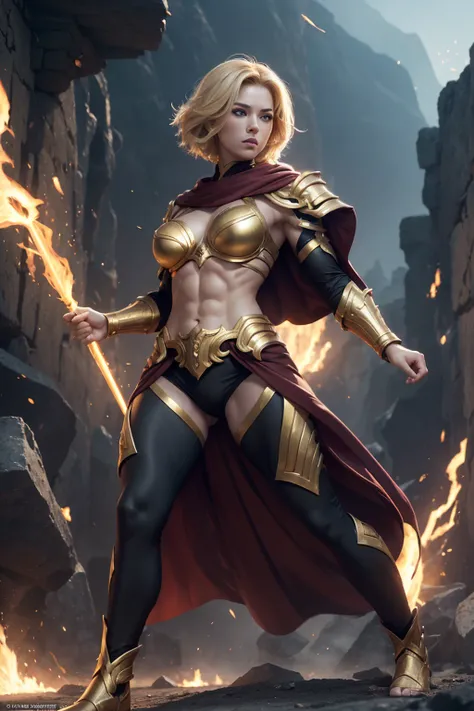 (((full body photo))), 8K,々Goddess,Super Beauty (Like the real thing),bulging muscles,Golden eyes,Golden short hair,Beautiful goddess outfit, Severe expression,Outside the Heavenly Palace, Perfect Anatomy , charm, Volume measurement, Body balance, Single l...