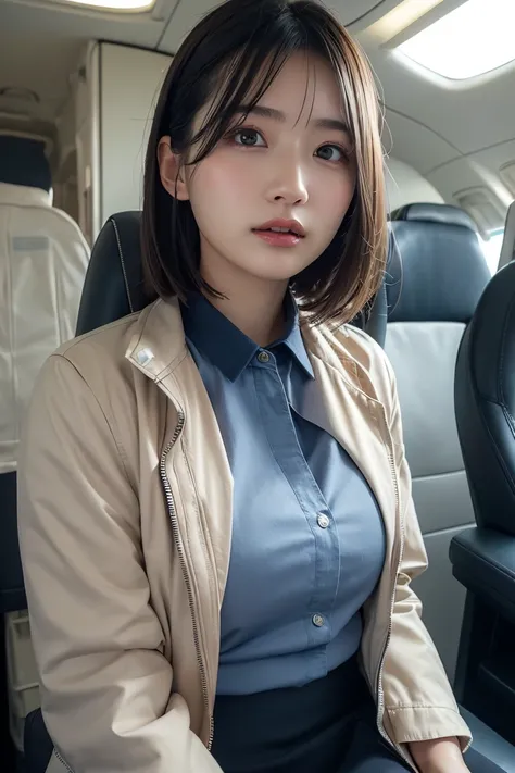 Glowing Skin, lips, Highly detailed skin, Beautiful face and eyes in every detail, Spotlight, Professional Lighting, (Upper Body:0.8), stewardess, Black Skirt, Jacket, Short shirt, Ko 123,