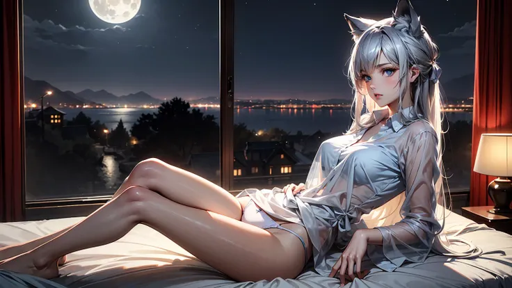 Illustrate a beautiful anime wolf girl with flowing silverish hair and deep blue eyes. She is leaning on her bed, looking wistfully out the window from her room at night. She is dressed in a silky see-through shirt and matching panties, showcasing her eleg...