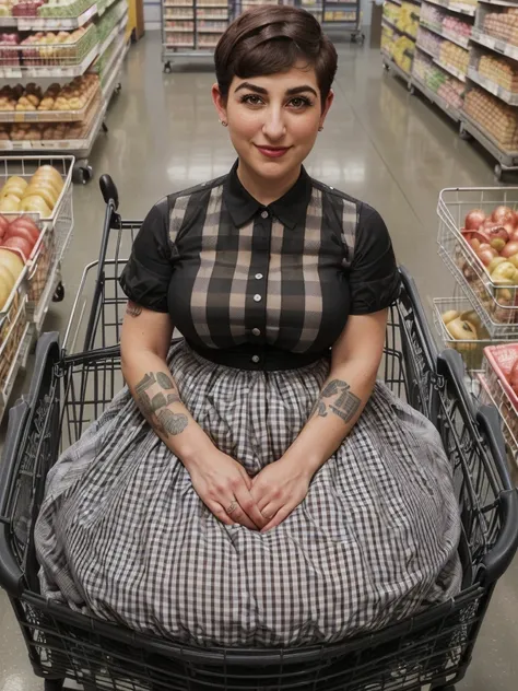 (background is an oversized grocery store aisle:1.3), 1girl, most beautiful woman ever, (doll-sized:1.4) (thicc:1.4) (blushing:1...